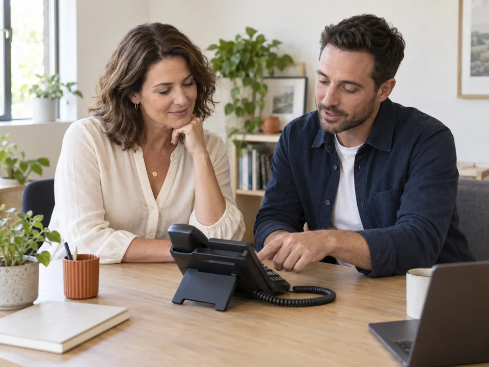 A business owner and a phone specialist reviewing a desk phone together.