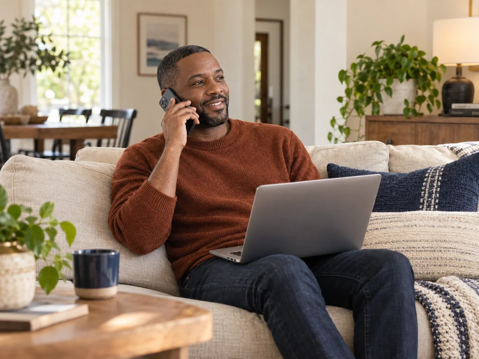 Business owner taking a phone call at home with a laptop on his lap.